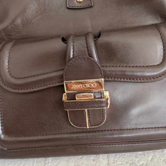 JIMMY CHOO Tahula Dark Brown Leather Gold Hardware Satchel Shoulder Bag Tote - Picture 4 of 16